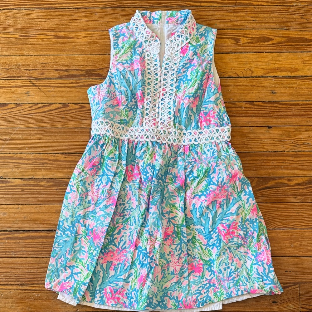 Girls' Lilly Pulitzer Sleeveless Sea Coral Print Dress with Lace Trim